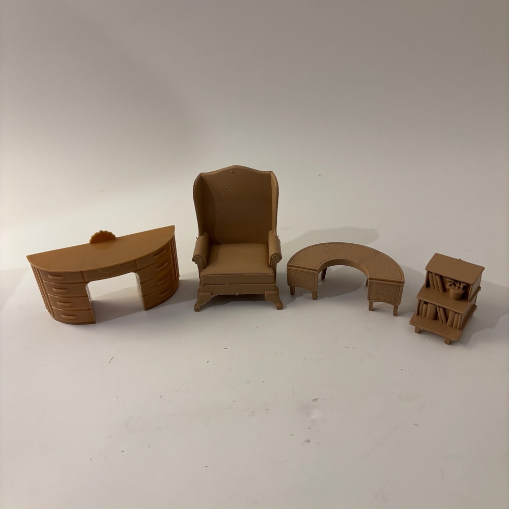 VTG Marx Dollhouse Tan Living Room Study Furniture Lot Desk Chair Bookcase 1:16